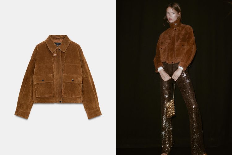 選用帶有霧感皮質帶出古董飛行夾克的輪廓，立領設計提升視覺氣場，附彈性下擺讓整體版型微收、貼合身形卻不失率性。