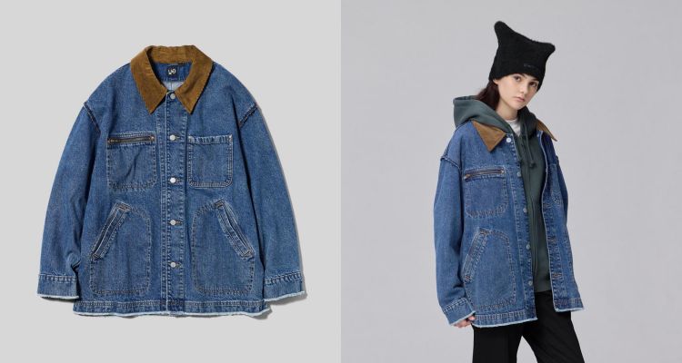 GU丹寧外套結合了經典工裝細節與復古水洗質感，領口以燈芯絨材質拼接，為整體丹寧基底增添溫暖視覺與復古調性。