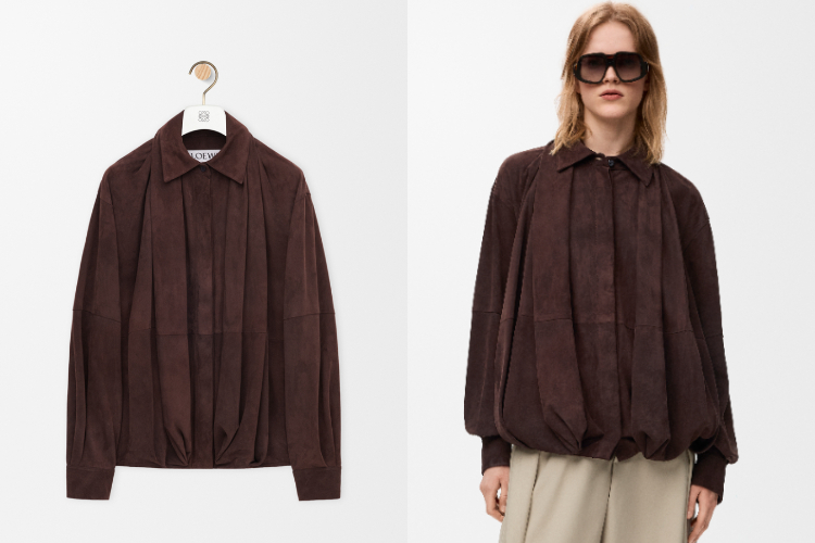 這款Loewe麂皮外套一登場，就像把雕塑穿上身。以標誌性的氣球輪廓搭配柔軟垂墜摺線，份量感與流動線條在身上取得完美平衡，既有建築感，也保留柔軟姿態。