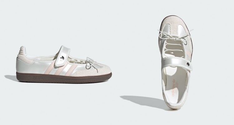 Adidas Samba再進化！這次融合將經典瑪莉珍鞋型，以柔白配上淡粉三條線，結合瑪莉珍綁帶與魔鬼氈設計，完美融合復古與少女感。