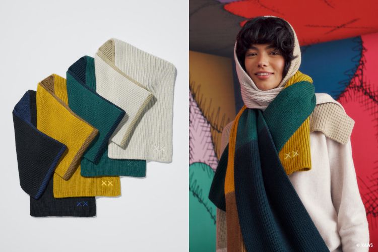 這款針織撞色圍巾以柔軟纖維編織而成，亮眼的撞色設計為整體造型注入層次，圍巾一角飾以標誌性刺繡細節，可以披掛、纏繞或隨性垂墜。