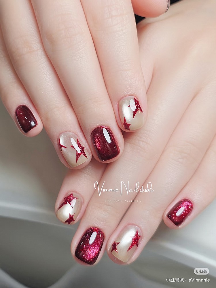 紅色貓眼光療美甲2：個性星星