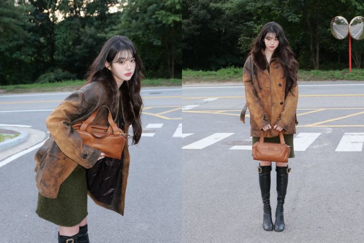 這套穿搭完美詮釋秋冬復古風格的魅力，以一襲橄欖綠針織短洋裝為基底，外搭做舊質感的棕色皮革外套。