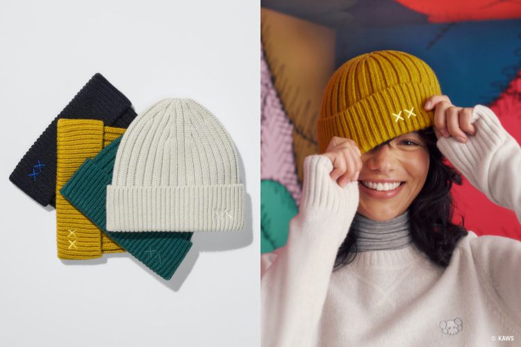 同樣以吸濕發熱的Heattech材質打造，兼具輕盈與保暖機能，讓寒冬也能維持舒適溫度。帽緣翻折處綴有Kaws經典刺繡細節，為極簡線條注入潮流個性。