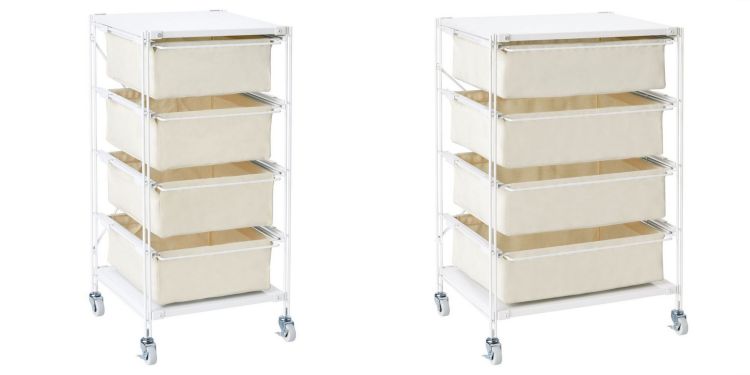 推車搭配帆布籃抽屜設計，以亮面淺灰層板結合柔軟收納籃，視覺上輕盈、不顯厚重。抽屜式設計讓物品分類更直覺，從衣物、雜物到日用品都能各自歸位。