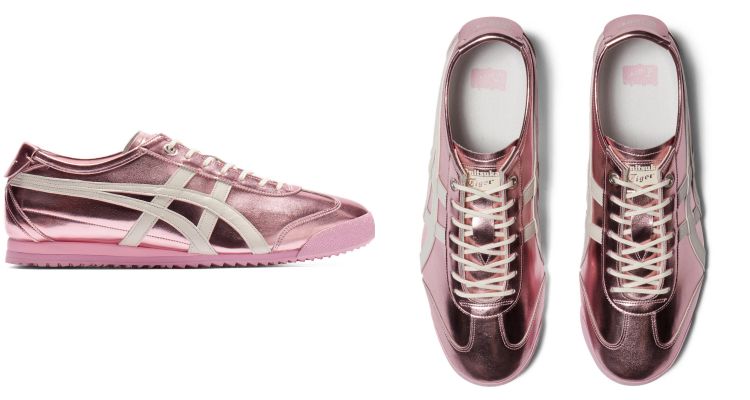 Onitsuka Tiger經典鞋款Mexico 66 SD以經典薄底輪廓為基礎，注入帶有未來感的金屬粉色鞋身，讓復古線條多了一層時髦光澤。