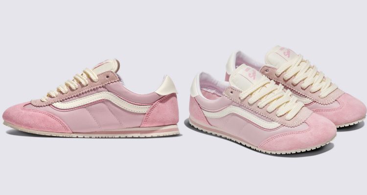 Vans Super Lowpro以復古慢跑鞋為靈感，打造貼地的薄底輪廓與俐落線條，粉色系鞋身透過麂皮與尼龍材質拼接，呈現柔和卻有層次的視覺效果。