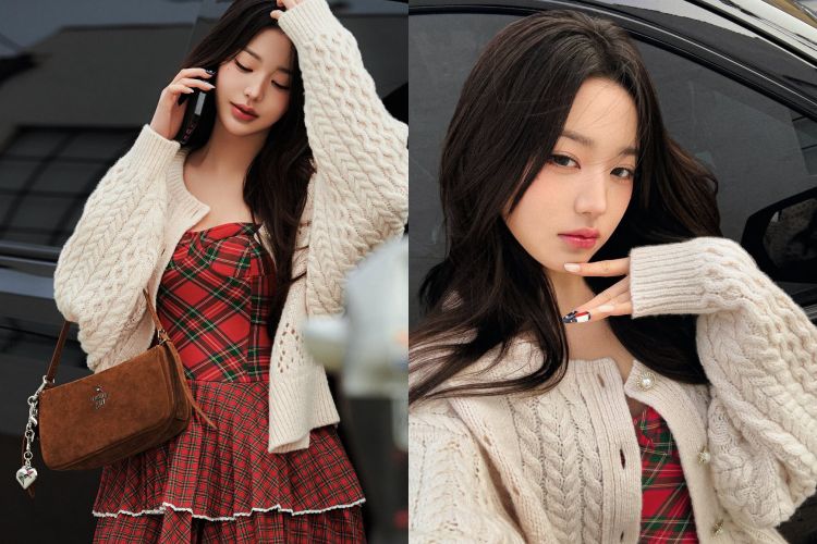 張員瑛以一身甜美又復古的造型登場，身穿紅綠格紋連身洋裝，搭配奶油色麻花針織外套，爲學院風注入一絲浪漫女孩感。