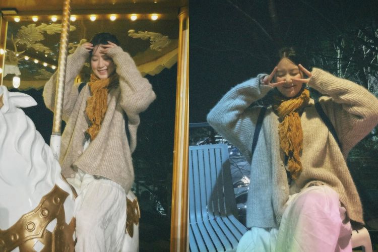 舒華這套是標準的冬日暖系女孩穿法，重點落在蓬鬆的奶油米色針織外套，厚實織紋讓整體看起來軟糯又有份量，下身搭配白色寬褲，製造乾淨輕盈的對比。