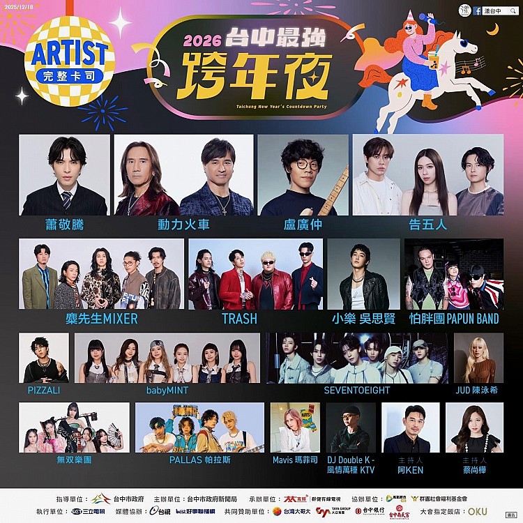 已連續五年榮登全台網路熱度冠軍的台中跨年活動，今年更以「台中最強跨年夜」為主題，集結近年最強卡司，包含「金曲歌王」蕭敬騰睽違五年，終於將回到台灣陪大家度過新年，除此之外，還有告五人、麋先生、TRASH、動力火車...等超強組合，含金量可以說非常高。