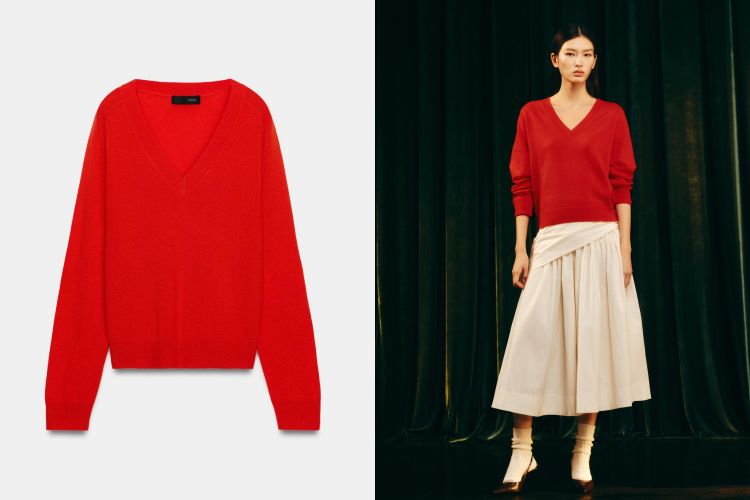 Zara紅色V領針織衫，以珊瑚調把紅色處理得更輕盈也更有層次。羊毛材質讓整體線條自然垂墜，V領開口恰到好處，能拉長頸部比例，也讓造型多了一點女人味。