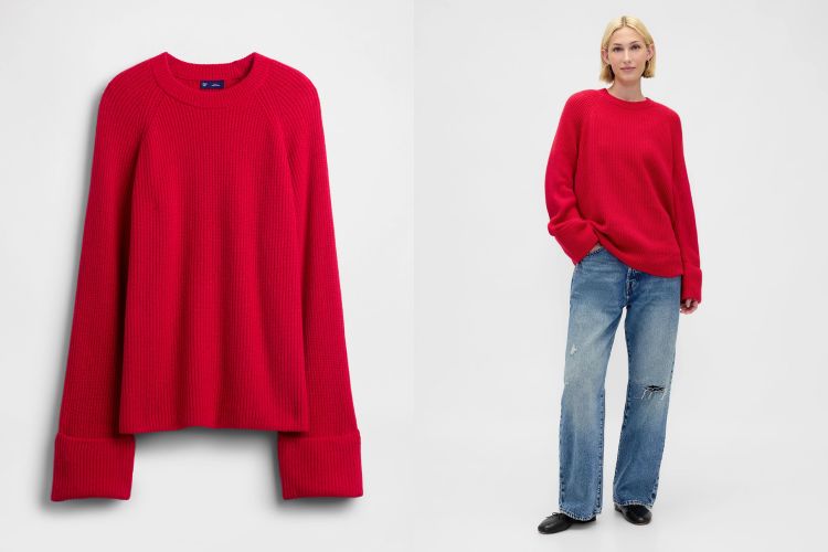 來自Gap CashSoft系列的紅色針織衫，走的是線條乾淨、比例耐看的路線。針織密度適中，落肩寬袖設計不會貼身也不顯厚重，領口與袖口收邊俐落，讓整體看起來更有精神。