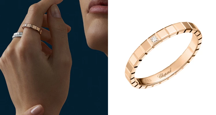 Chopard(蕭邦)將現代都市的極簡幾何發揮到極致,形塑出辨識度極高的「Ice Cube」系列。這款玫瑰金鑽戒由無數個立體方塊緊密排列,並在其中鑲嵌閃耀鑽石,當光線從不同角度灑落時,會折射出如冰塊般清透璀璨的光芒。俐落又帶點前衛的設計,是日常疊戴或單獨佩戴的最佳主角。(商品價格約:NTD 48,900)