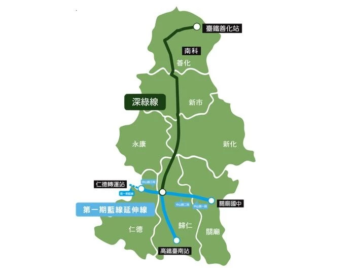 台南捷運「深綠線」全長約 21.3 公里，採高架跨座式單軌系統，設置 14 座車站，目前可行性研究已送交通部審議，成為台南未來軌道路網的重要一環。路線北側銜接「台鐵善化車站」，往南經南科、新市、新化、歸仁，並銜接「第一期藍線延伸線」，不僅是串聯「南科與沙崙」兩大科技產業聚落的重要路線，未來也將與高鐵台南站及台鐵善化站形成轉乘網絡。