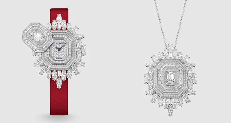 如果前面的項鍊錶是「珠寶裡藏著時間」，那麼Harry Winston（海瑞溫斯頓）的「Ultimate Emerald Signature」錶款系列，更像是直接把一件高級珠寶變成多功能時計。這款作品，以18K白金打造，尺寸約為32 × 46mm，不僅鑲嵌上大量的鑽石，更貼心搭配多色絲質錶帶供替換。最有意思的是，它不只可以當腕錶，也可以戴在頸間作為吊墜，甚至能變成胸針。也就是說，這一只錶，可以依照場合、配戴者心情或著裝風格自由切換。而對於高級珠寶起家的Harry Winston來說，這種「一件作品，多種配戴方式」的轉換式設計，正是近年非常重要的方向。（商品價格約：NTD 4,775,000）