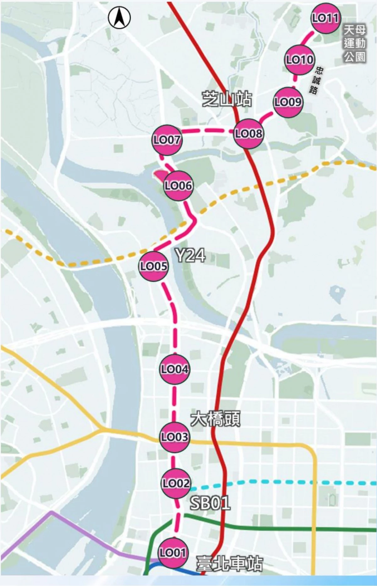 台北捷運「天母延伸榮總」一共規劃 13 個上車點(站名尚未定案):LO01 台北車站、LO02 大稻埕(寧夏觀光夜市)、LO03 大橋頭(大橋國小)、LO04 大龍峒(台北孔廟)、LO05 葫蘆堵(社正公園)、LO06 士林監理站、LO07 北市科、LO08 芝山、LO09 雨農國小、LO10 士東、LO11 天母(天母運動公園)、LO12 三玉宮(天母東路)、LO13 榮總。