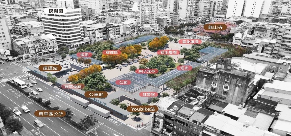 坐落於國定古蹟艋舺龍山寺前,艋舺公園將迎來全新樣貌。工程將原先部分黃色迴廊屋頂拆除,改為清透材質,讓龍山寺出入口的視覺得以延伸,突顯中軸線,並重新規劃整體景觀。改善工程還包括在兩側增植樹木,並規劃遮蔭、遮雨及無障礙等動線,同時優化龍山寺及三水街的視覺軸線,並強化人行動線,更新迴廊鋼構屋頂及公園照明系統,預計今年 10 月完工。