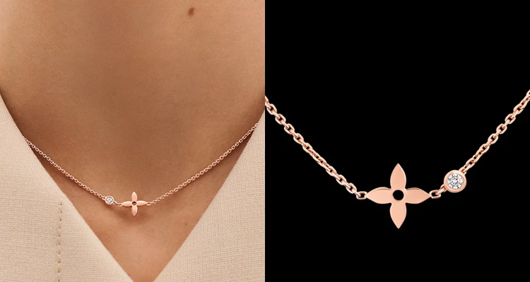 LV(路易威登)的「Idylle Blossom」則是另一種風格。品牌將經典Monogram花卉重新演繹成三朵盛放的花束,以玫瑰金搭配一顆小鑽石,整體看起來比傳統單鑽項鍊更有造型感。這款我會推薦給不喜歡太「珠寶感」設計的人,因為花朵輪廓讓它多了一點俏皮與時髦感,卻又保留玫瑰金與鑽石的精緻質感。(商品價格約:NTD 79,500)