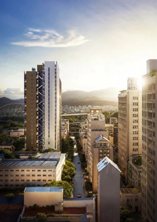 由於基地位於既有住宅與綠地交織的環境中,設計並未將建築視為獨立存在的巨大量體。一樓建築立面向後退縮,讓住宅大廳及商業空間與周圍街道、學校及公園步道建立更直接的關係。二樓半開放式平台則融入周邊樹冠之間,並與鄰近社區公園相互串聯。從綠意盎然的社區樹冠,到台北市區天際線,再延伸至遠方的基隆河景觀,形塑出層次豐富的城市視野。