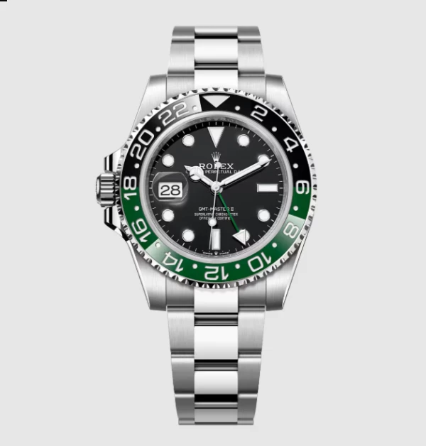 此款「GMT-Master II 40」腕錶,最引人注目的特徵,莫過於其雙色陶瓷圈。黑色與綠色的精彩「撞色」組合,被錶迷親切地稱為「雪碧圈」,營造出鮮明而富有層次感的視覺衝擊,既時尚又充滿活力。(商品價格約:NTD 417,500)