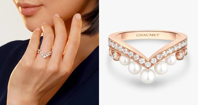 以品牌永恆繆思─約瑟芬皇后為靈感的「Joséphine Aigrette」系列，Chaumet（尚美）直接把法式宮廷的冠冕轉化為當代珠寶。玫瑰金的V型線條，鑲滿閃耀鑽石，上方點綴著溫潤圓滑的珍珠，視覺上極具延伸感，能讓手指看起來無比纖長。這款戒指最讓人著迷的是它的堆疊潛力，無論是單獨配戴展現高雅氣質，或是與其它鑽戒疊搭，都能創造出如加冕般的層次美感。（商品價格約：NTD 225,000）