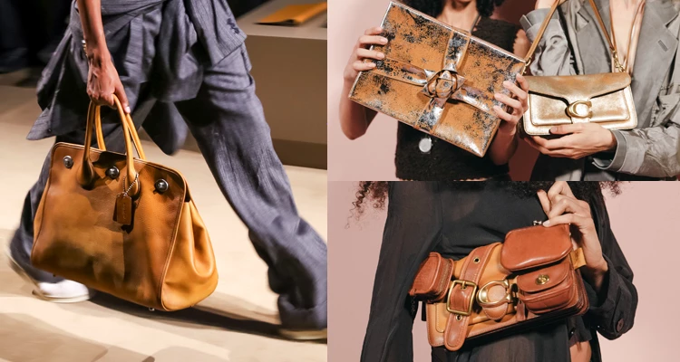 85週年的紀念性包款系列，自然也是這一季的重頭戲！全新的「Turnlock Tote」，從Coach在1970年的經典設計汲取靈感，並重新運用品牌首任首席設計師Bonnie Cashin最具代表性的旋鎖五金。皮革與絨面革，結合手工擦拭金屬箔、五彩紙屑、亮片與指甲油…等裝飾，好似讓一只經典手袋，像真的參加過一場派對般；「Brooklyn」，則乾脆把包款「翻過來」，讓原本藏在內部的結構成為外觀的一部分；至於「Tabby」，則換上一身更加歡樂的派對裝扮，其中一款，更是直接將多款Coach復古手袋的設計元素，予以重新組合、拼湊成，讓不同年代的品牌記憶在同一只包裡相遇。