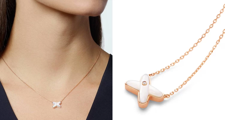Chaumet(尚美)的「Jeux de Liens」系列,本身就帶有「連結」與情感的象徵意義,這款18K玫瑰金項鍊以珍珠母貝搭配一顆明亮式切割鑽石,柔和的材質與玫瑰金色調放在一起,氣質非常溫柔。我覺得它很適合不想要太制式鑽石項鍊的人,因為除了鑽石之外,還多了一點珍珠母貝的溫潤光澤。自己買給自己的珠寶,其實也可以有浪漫寓意。(商品價格約:NTD 55,400)