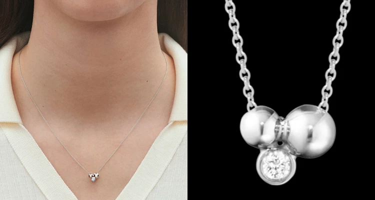 Georg Jensen(喬治傑生)的「Moonlight Grapes」很適合喜歡北歐風格,又不想讓鑽石看起來太正式的人。這款以兩顆純銀珠子搭配一顆約0.07克拉鑽石,吊墜小巧而有層次,靈感來自品牌經典的新藝術葡萄元素。並非典型的「一顆鑽石吊著」那麼簡單,而是用圓潤銀珠,替鑽石增加設計感。低調卻不無聊,反而很能展現40歲女性獨立而有個性的品味。(商品價格約:NTD 18,900)