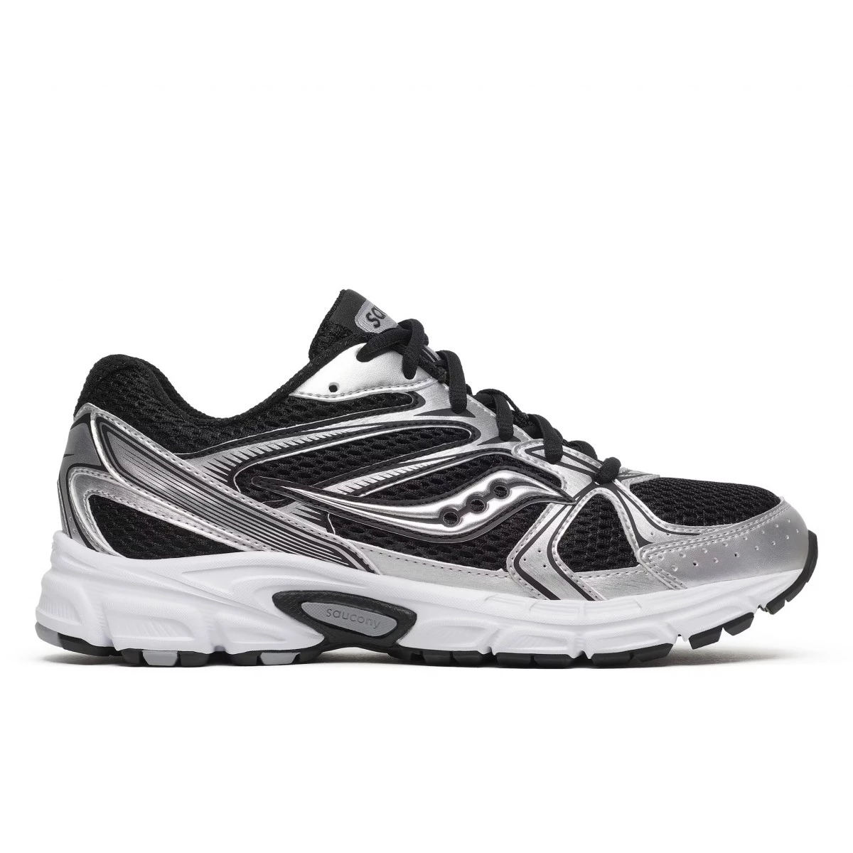 Saucony RIDE MILLENNIUM經典復古跑鞋黑銀配色，融合Y2K時尚潮流與Grid緩震技術，流線鞋型與科技銀細節百搭好搭。