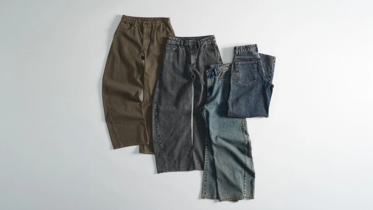 彎刀牛仔褲(Barrel Jeans)版型示意,外擴再內收的弧形剪裁是2026年趨勢款,適合假胯寬與大腿有肉者。