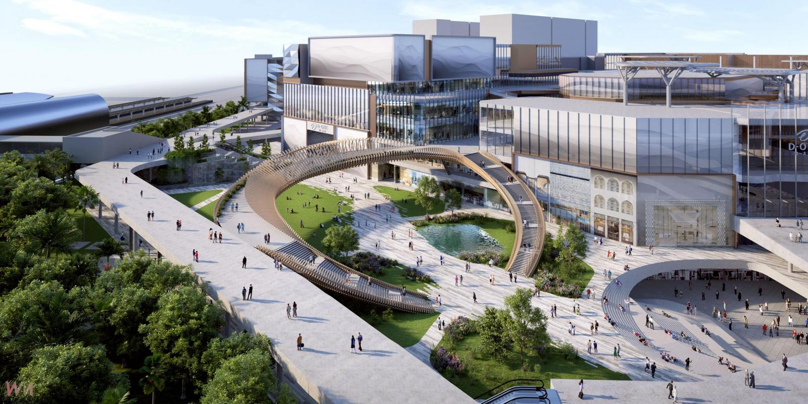 作為全台最大商場，備受矚目的「D-ONE 第一大天地」，找來日本建築大師隈研吾設計空橋「月亮灣」，透過這座橋，串連高鐵台中站區三鐵共構的站體，成為中台灣的嶄新地標。