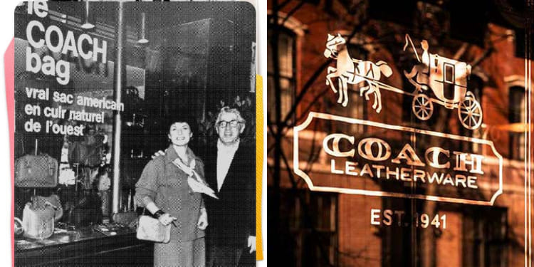 Coach品牌創辦人站立於店面櫥窗前，以及品牌經典logo標誌。