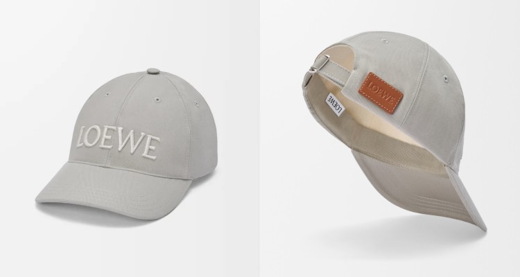 Loewe棒球帽以柔和淺灰色棉質布料呈現，營造清新而精緻的氛圍。