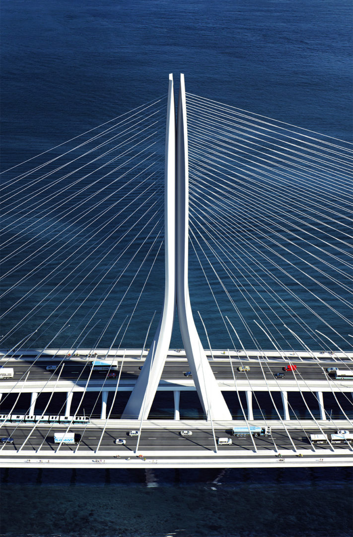 被《CNN》評選為「2025 全球最重要的建築項目」之一，淡江大橋由普立茲克建築獎得主 Zaha Hadid（札哈・哈蒂）設計，連接淡水與八里的重要交通建設，更是文化與科技的交匯點。籌備近 7 年，將於今年 5 月通車，並串聯淡海輕軌與八里輕軌路網。全長約 920 公尺，主橋塔高 200 公尺，最大跨距達 450 公尺，完工後將成為全球跨距最長的單塔不對稱斜張橋。