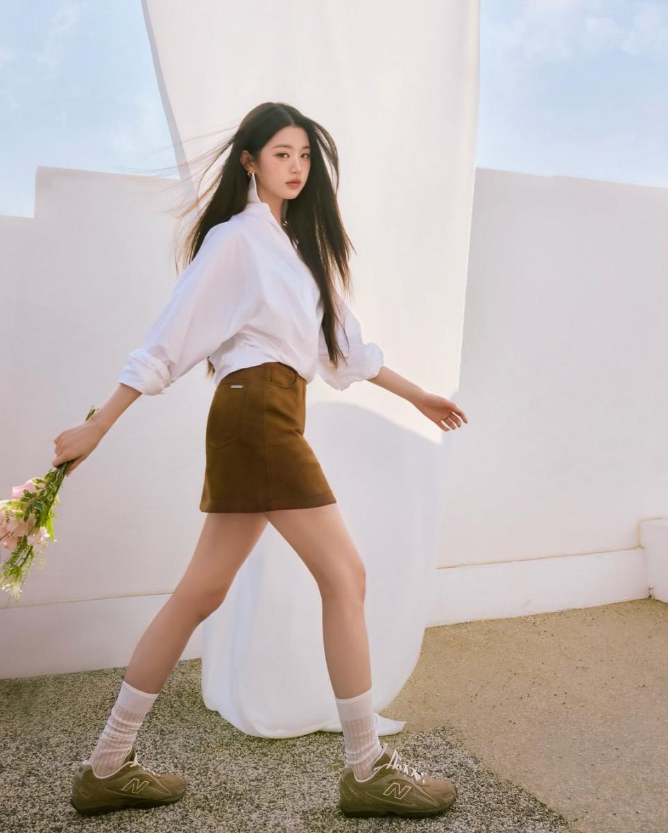 IVE 成員張員瑛日前成為 New Balance 最新代言人,在形象照中,她腳踩全新 204L 薄底鞋,搭配絨面材質的短裙,巧妙呼應鞋款的麂皮細節。
