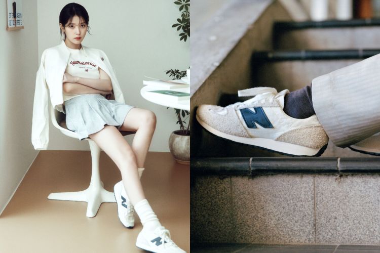 IU以短版上衣搭配百褶裙，演繹網球風的清爽活力，再披上外套製造層次，腳上那雙帶有撞色logo的471，正好成為造型的視覺焦點。
