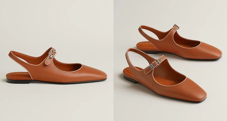 Hermès瑪莉珍鞋鞋身設計延伸出俐落的後綁帶,取代傳統全包覆鞋型,讓雙足在行走間更加輕盈透氣。