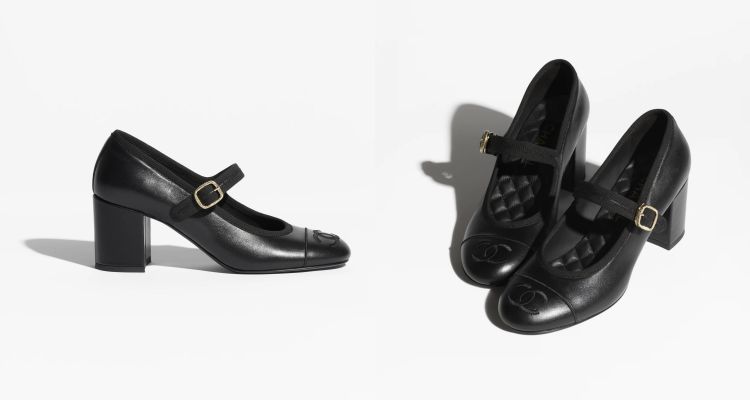 Chanel經典的黑色瑪莉珍鞋,以小牛皮材質打造,鞋頭繡有標誌性雙C Logo,搭配細緻車線,鞋面以彈性布料製成的繫帶與金色方扣點綴,巧妙平衡復古與現代感。