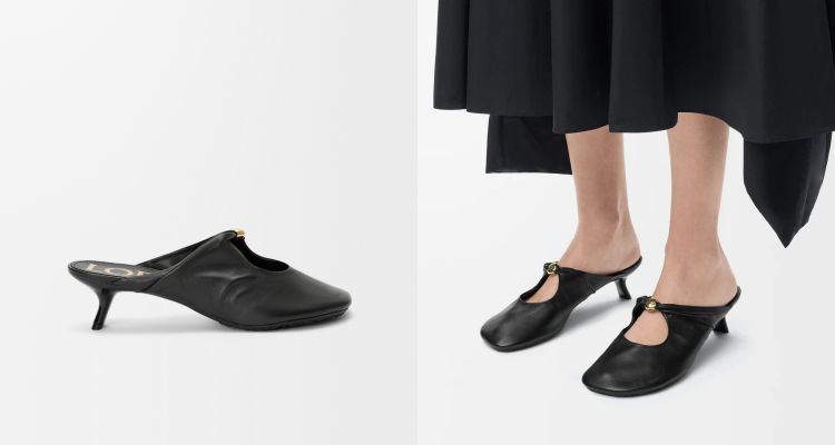 Loewe這雙瑪莉珍鞋以極簡黑色皮革為基調,柔軟的皮革鞋面以俐落線條延伸,鞋面中央僅以一顆金色圓扣連結開口,鞋身略帶圓潤感,搭配細跟小貓跟設計,既舒適又能拉長腿部比例。