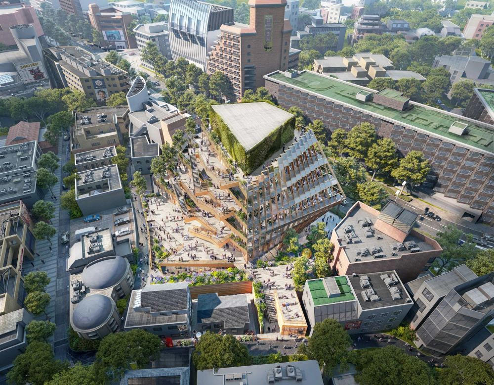 作為義大利奢侈品牌 Prada 的御用建築團隊，OMA 擅長透過設計賦予建築更多文化層次。原宿 Quest 另一側的立面則採用階梯式量體堆疊，向原宿方向延展成多個露台，為各類活動提供開放空間。除了種植綠意植栽，也透過階梯式垂直動線，引導人群進入建築之中，並在二樓打造開放式的活動廣場，與鄰近社區展開另一種對話。