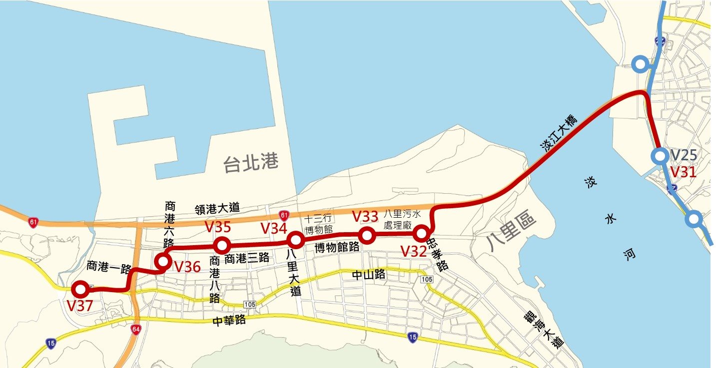 除了淡海輕軌第二期，政府也規劃了「八里輕軌」，以串連淡水、八里地區，連結台北港與淡水新市鎮。路線起於淡海輕軌第二期 V25 站，共用淡海輕軌第二期路線，續行至中正／沙崙路口後左轉，經由淡江大橋跨越淡水河，隨八里端匝道轉入博物館路，行經十三行博物館，沿商港三路、商港一路，經台 64 線後轉入中山路三段設置終點站。全線長度約 6 公里，設有 7 座車站，打造淡水—八里一日觀光廊帶。