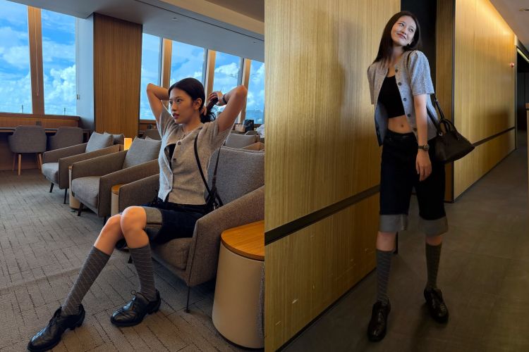 以灰色針織短袖內搭黑色短版上衣，透過針織材質柔和輕盈，與俐落的短版上衣形成反差，凸顯腰線，讓身形更加顯瘦修長。