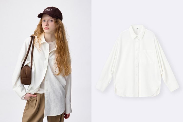 GU寬鬆的蝙蝠袖打造出張力十足的線條，肩部自然延展，布料更經過特殊加工處理，表面帶有淡淡霧光，衣身在行走間呈現優雅垂墜，既有隨和的日常感，又不失時裝的俐落態度。