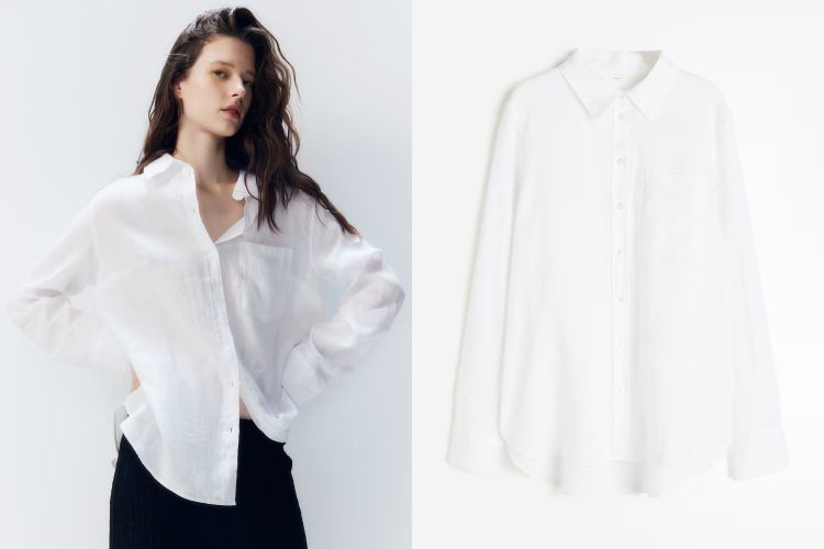 H&M亞麻襯衫以透氣材質打造，正面鈕扣開襟設計保留經典元素，背面雙層肩襠增添結構支撐。微垂肩剪裁與長袖線條，營造出自然放鬆的輪廓，袖口以鈕扣收整，兼具功能與造型。