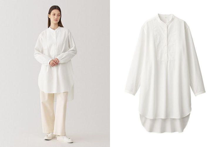 Muji Labo這款長版白襯衫以蠶絲材質製作，布料貼膚時帶來細緻順滑的觸感，彷彿在肌膚間輕盈流動。