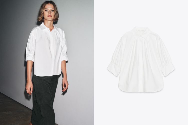 Zara泡泡七分袖設計結合袖口束緊形成優雅蓬鬆的層次感，正面褶層細節增添立體效果，使經典白襯衫散發出微妙的浪漫氛圍。