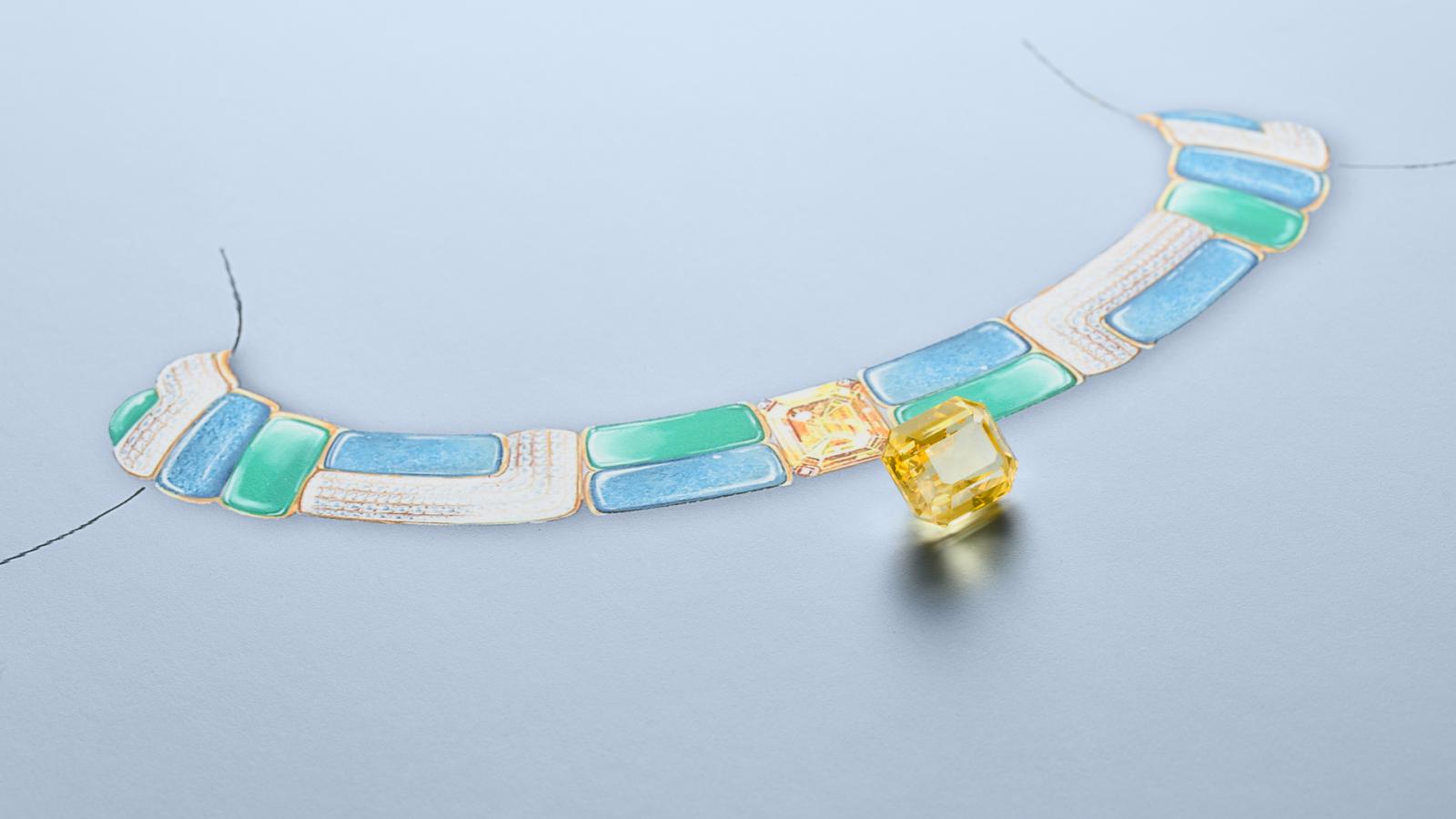 1960至70年代的「回歸自然」思潮，被〈Curved Artistry〉轉化為糖果色調的線條，以黃色藍寶石、隕石與綠玉髓重現那個敢於顛覆的年代。