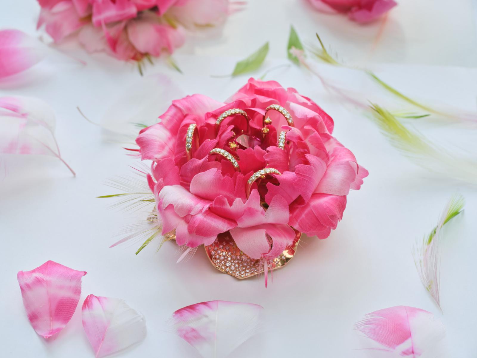 〈Extraordinary Rose〉作為系列中最具情感的篇章，再次讓伯爵玫瑰綻放。自 Yves Piaget 時期以來，玫瑰便是品牌精神的縮影。這次伯爵攜手羽飾工藝大師 Nelly Saunier，以羽毛與紅色尖晶石創作出可轉換為手鐲或胸針的作品。