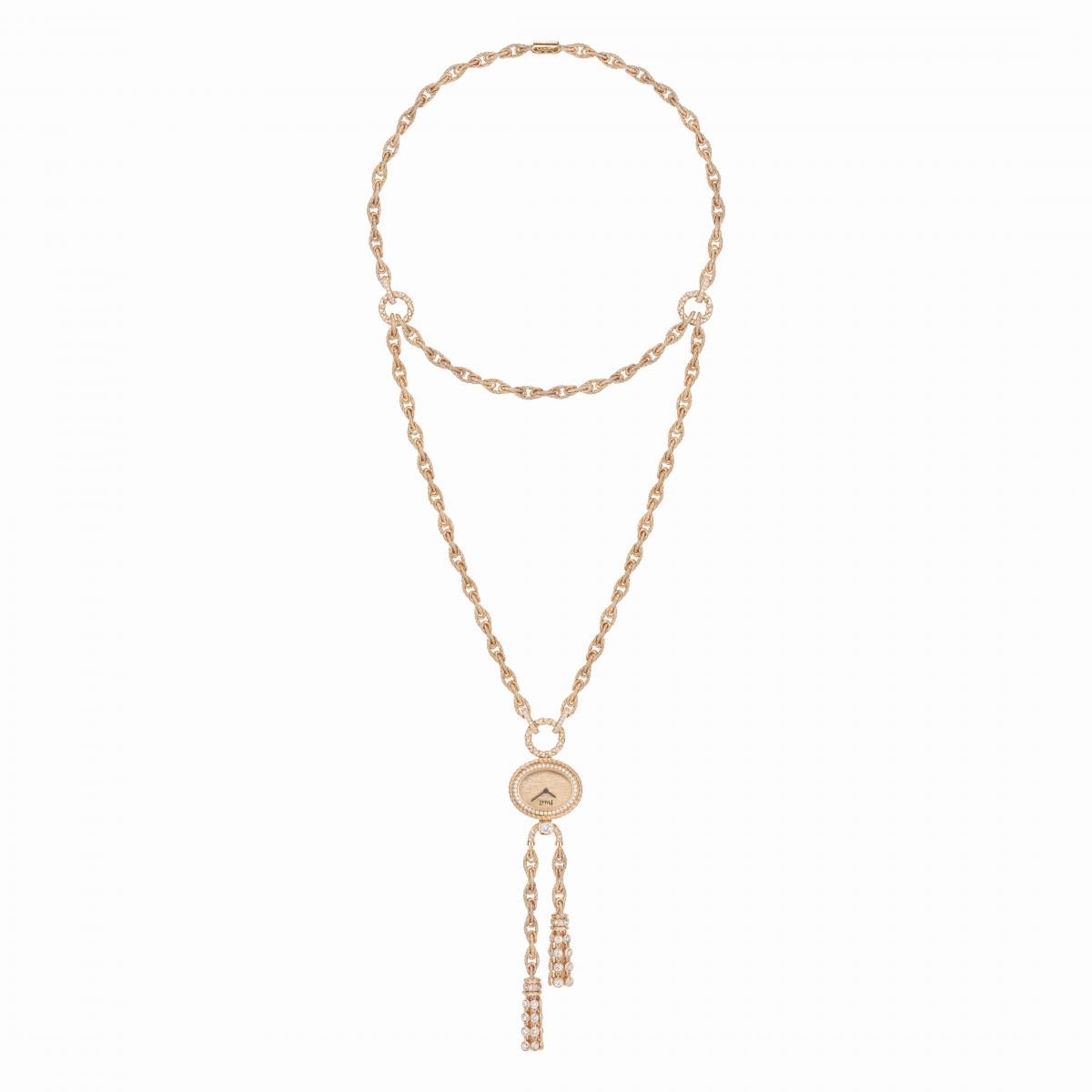 若要說哪個品牌最懂「將腕錶變成珠寶」，伯爵無疑是翹楚之一。Swinging Sautoir 延續了品牌1960、70年代的華麗風格，以18K玫瑰金與鑽石鑲嵌的長鏈，搭載一枚橢圓形時計。金質雕刻的錶盤閃爍著細膩紋理，宛如陽光在沙漠中投射的光影。