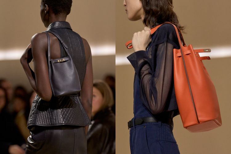 延續實用主義的優雅哲學，本季推出一系列線條流暢、質地柔軟的全新包款。Kelly Hobo 26以更鬆弛的姿態登場，容量加寬卻不失精緻，成為秀場焦點。